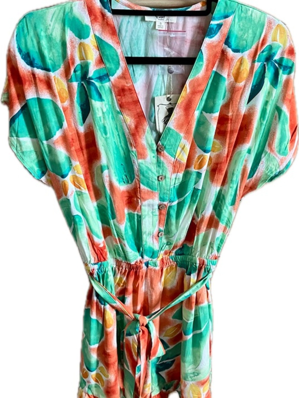 easel Multicolor Watercolor V-Neck Romper — Teal, Coral & Yellow